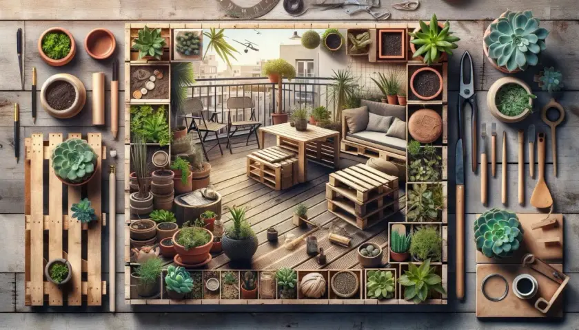 Idées pour aménager une terrasse avec pots : un espace détente verdoyant avec mobilier en palettes et plantes succulentes.