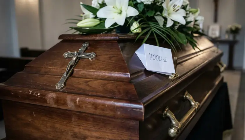 Drewniana trumna z krzyżem i kwiatami. Na wieczku karteczka z napisem "7000 zł", sugerująca, ile kosztuje pogrzeb katolicki.