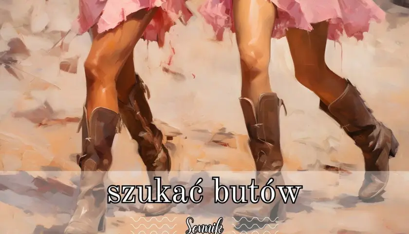 Dwie kobiety w różowych sukienkach szukają butów. W tle tekst "szukać butów Sennik".