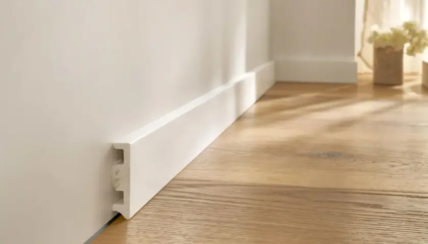 Battiscopa bianco moderno fissato con silicone, pronto per completare un pavimento in legno chiaro.