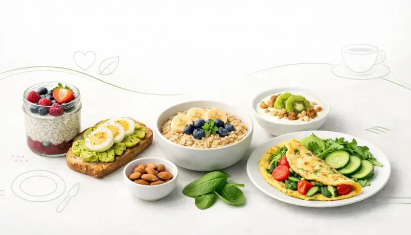Zdrowe śniadania: owsianka, omlet, tosty z awokado, jogurt z owocami i nasiona chia.