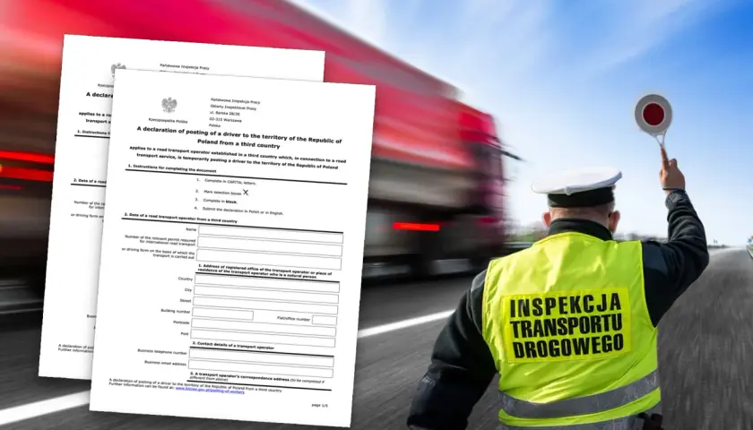 Inspektor drogowy kontroluje dokumenty dotyczące delegowania kierowców. Na pierwszym planie formularz zgłoszeniowy.