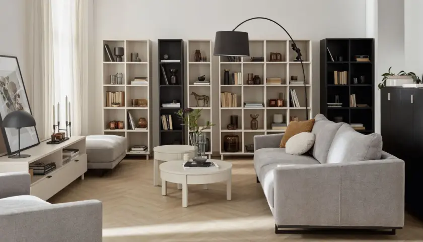Nowoczesny living room z szarą sofą, regałami pełnymi książek i dekoracji, okrągłym stolikiem kawowym i lampą łukową.