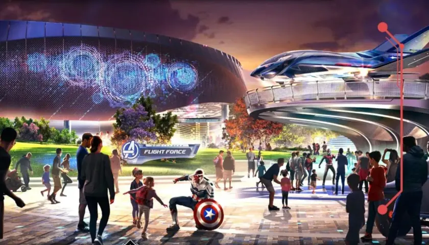 Im Disneyland Paris Avengers Campus, Captain America posiert mit seinem Schild, während ein futuristisches Flugzeug über den Köpfen der Besucher schwebt.
