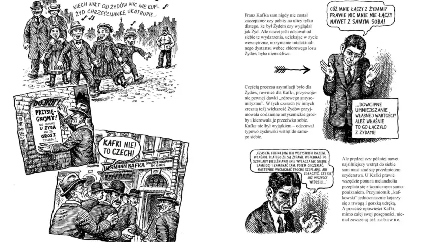 Franz Kafka, wstręt do siebie, antysemityzm. Ilustracja przedstawia sceny z życia i myśli Franza Kafki, ukazując jego złożone relacje z żydowskością i poczucie wyobcowania.