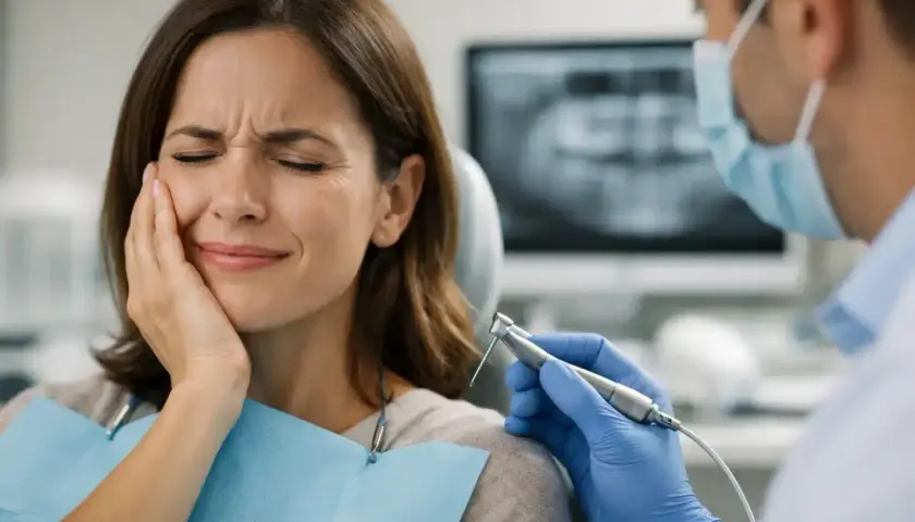 Mujer con expresión de dolor en la cara, sujetándose la mejilla. Un dentista con guantes azules sostiene una fresa dental. Podría ser dolor después de endodoncia.