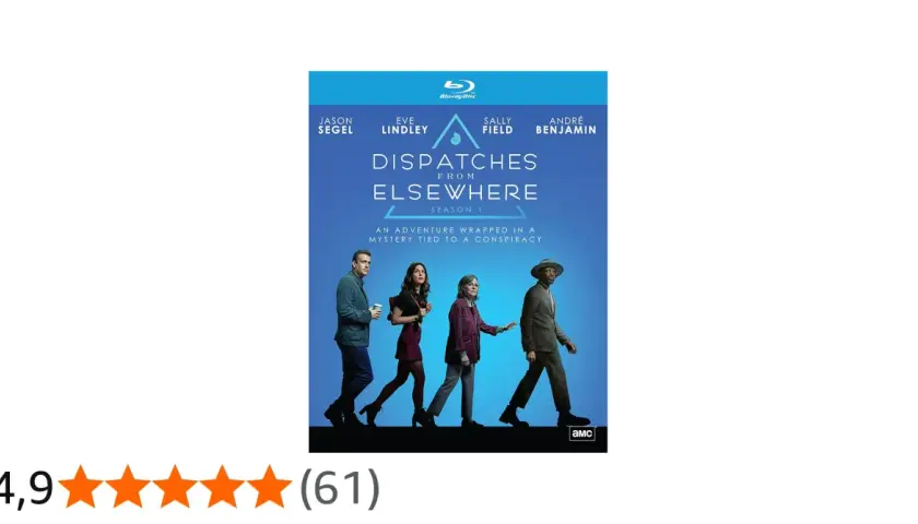 Blu-ray-omslag för "Dispatches from Elsewhere" med fyra personer som går. En spännande resa in i en mystisk konspiration.