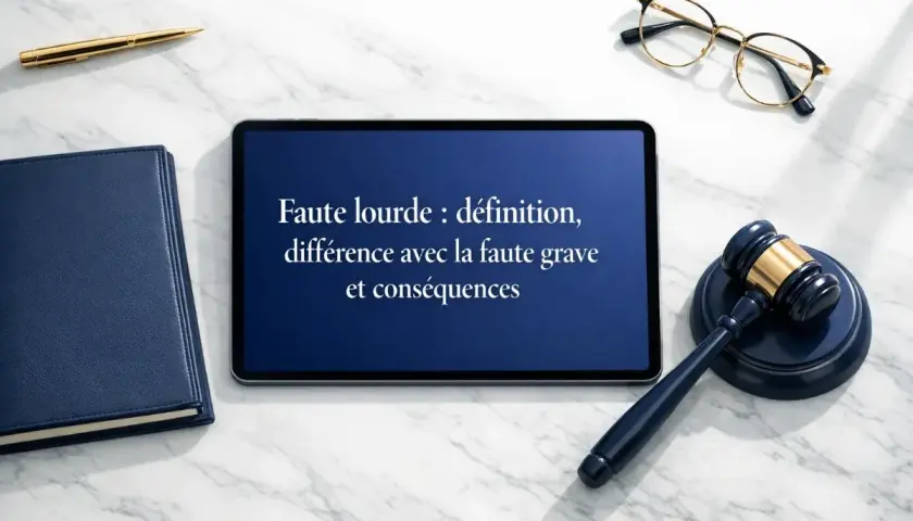 Sur une tablette, la "faute lourde : définition, différence avec la faute grave et conséquences". Un marteau de juge, un stylo et des lunettes complètent la scène, évoquant la négligence définition juridique.