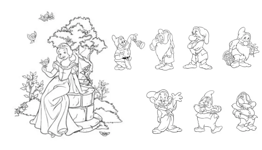 Blancanieves sentada junto a un pozo, rodeada de mariposas y los siete enanitos.