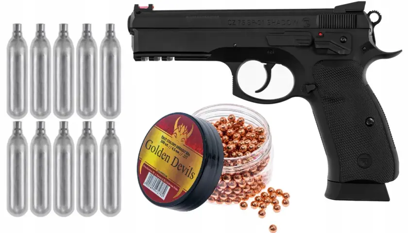 Pistolet CZ 75 SP-01 Shadow, śrut Golden Devils i naboje CO2 – najmocniejsza wiatrówka pistolet bez zezwolenia.