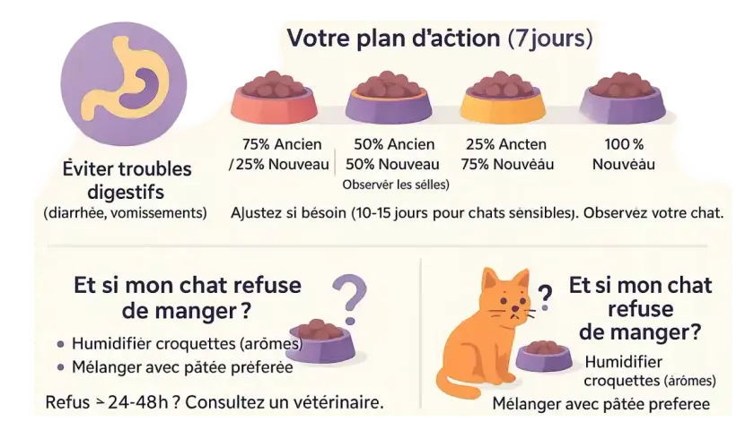 Un chat tigré regarde la caméra, à côté de deux bols de croquettes : "Anciennes" et "Nouvelles".