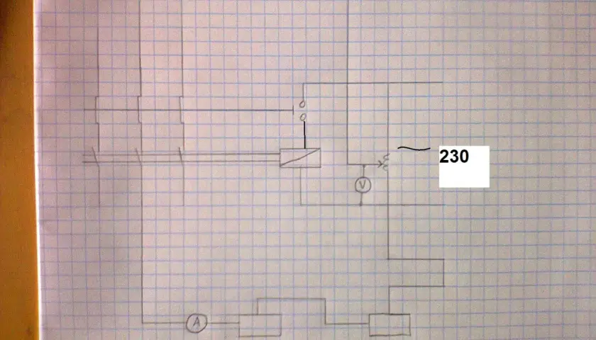 Schemat podłączenia stycznika z elementami R1, R2, amperomierzem (A), woltomierzem (V) i napięciem 230V.