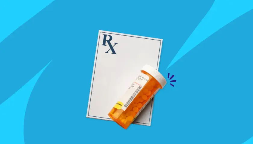Rezept mit dem Hinweis "doxycyclin 100" und einer Medikamentenflasche voller orangefarbener Pillen.
