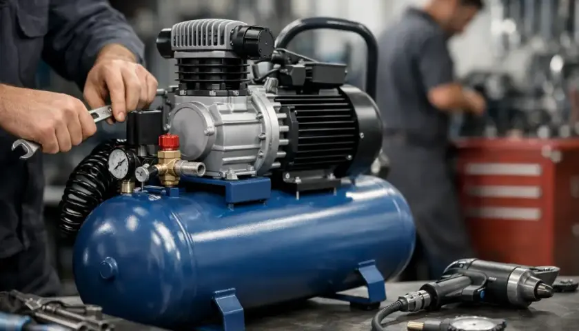Ein Mann repariert einen blauen Kompressor 50 Liter. Daneben liegen Werkzeuge und ein Schlagschrauber.