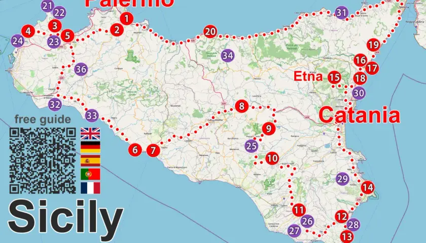 Mapa Sycylii z zaznaczonymi punktami turystycznymi, trasą i nazwami miast Palermo i Katania.