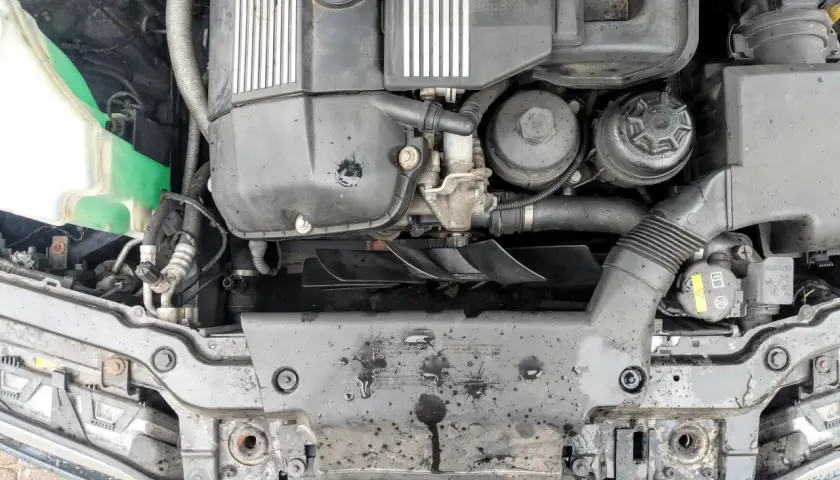Widok komory silnika BMW E46 z widocznym wentylatorem chłodnicy.