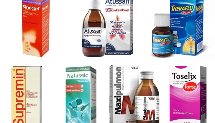 Kolekcja syropów wykrztuśnych: Sinecod, Atussan, Theraflu, Supremin, Natussic, Maxipulmon i Toselix.
