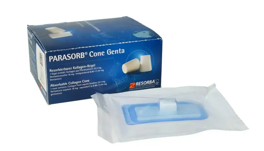 Gąbka kolagenowa stomatologia co to jest? Opakowanie PARASORB® Cone Genta z resorbowalnymi stożkami kolagenowymi, wspomagającymi gojenie.