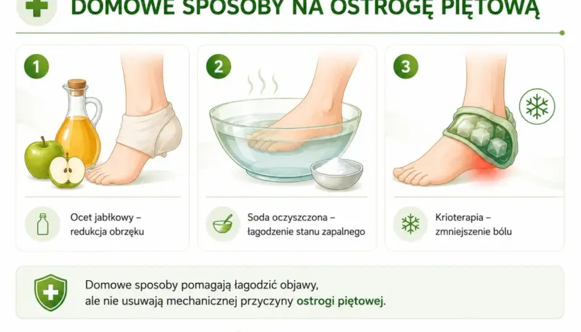Domowe sposoby na ostrogi piętowe: okład z octu jabłkowego, kąpiel z sodą oczyszczoną, krioterapia. Pomagają łagodzić objawy.