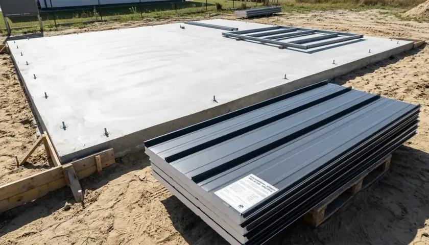Fundament pod garaż z płyty warstwowej projekt. Betonowa płyta z kotwami i stosem szarych paneli gotowych do montażu.