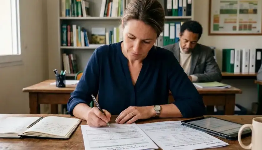 Une femme concentrée rédige un document, peut-être pour un certiphyto conseil, dans une salle de classe avec des étagères remplies de livres.
