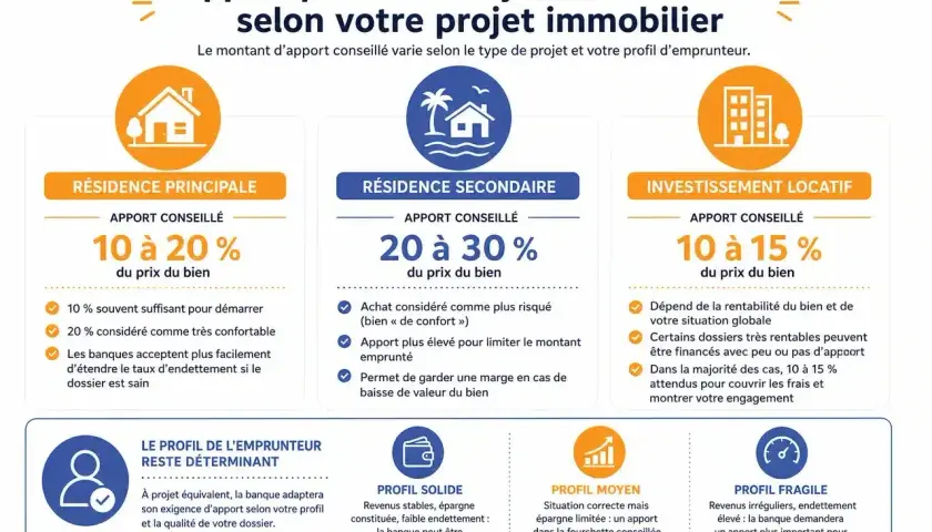 Apport personnel pour un projet immobilier : 10-20% pour résidence principale, 20-30% pour secondaire, 10-15% pour locatif. Le profil de l'emprunteur est clé.