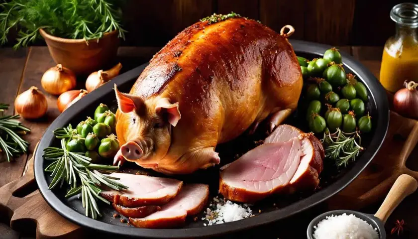 Un magnifique cochon à la broche doré, servi avec des tranches de viande, des petits fruits verts, des oignons et des herbes aromatiques.