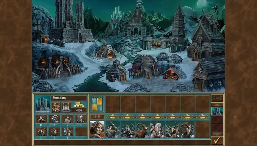 Zimowy krajobraz z zamkiem i wioską w grze Heroes 3, widok interfejsu gry.