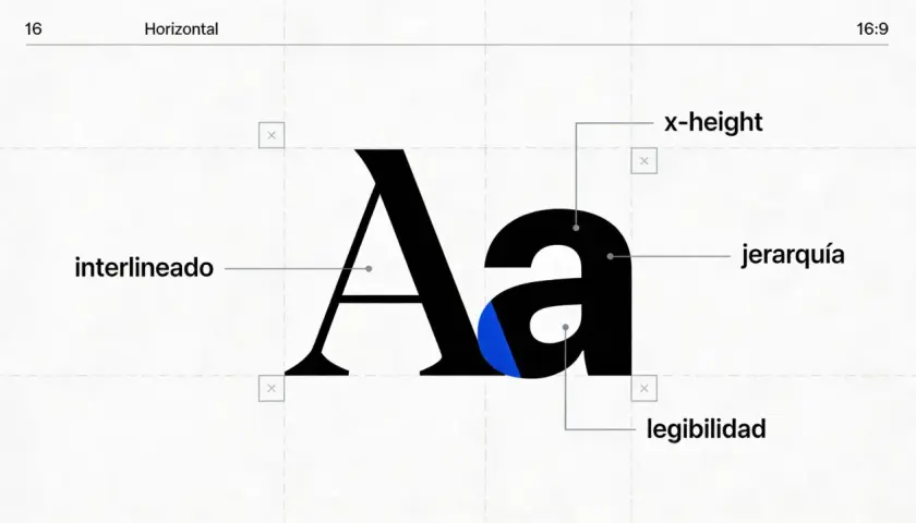 Letras sueltas "Aa" con etiquetas que explican el interlineado, x-height, jerarquía y legibilidad.