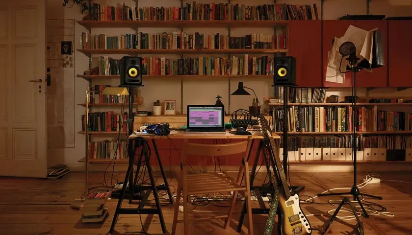 Bureau de musique avec ordinateur affichant un logiciel comme FL Studio, enceintes, guitare et microphones, entouré d'étagères remplies de livres.