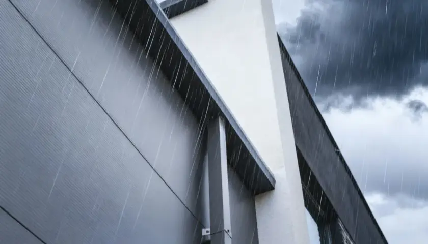 Deszcz spływa po łączeniu płyt warstwowych nowoczesnego budynku.
