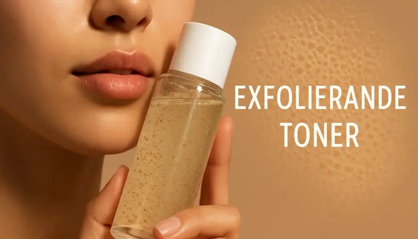 En närbild på en kvinna som håller en flaska med exfolierande toner. Texten "EXFOLIERANDE TONER" syns tydligt.