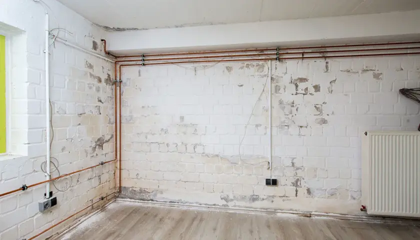 Undichte Dachrinne verursacht nasse Wand. Putz bröckelt, Kupferrohre verlaufen entlang der weißen Ziegelwand.