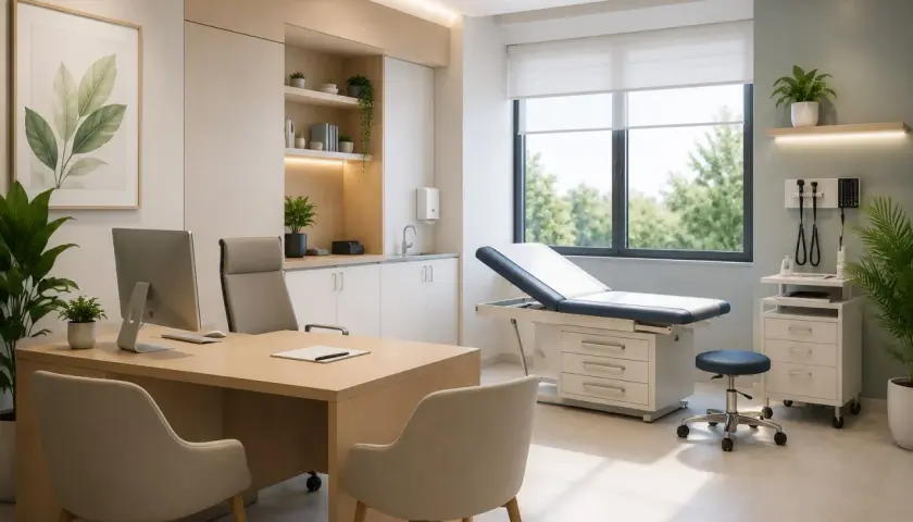 Interno moderno di un **progetto studio medico**: scrivania con computer, lettino visita, sedie e armadietti.
