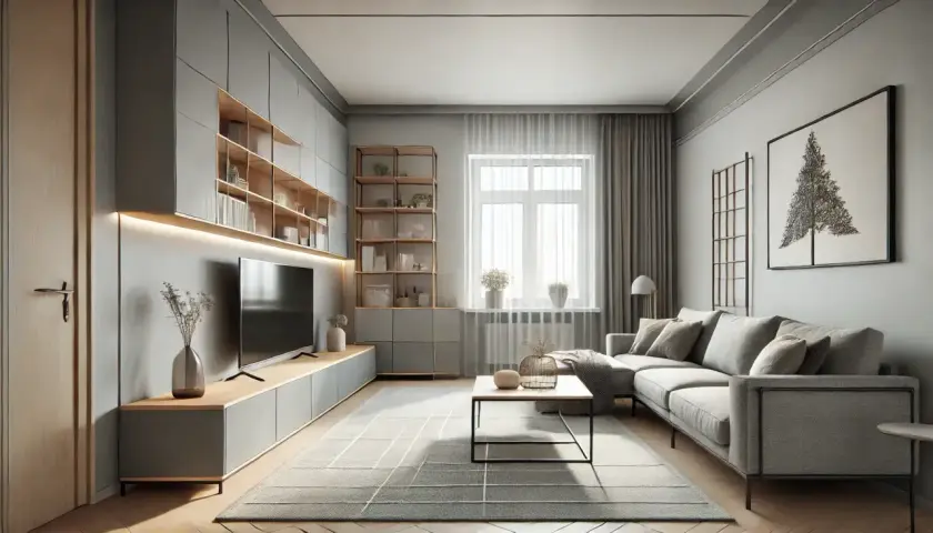 Nowoczesny salon z szarymi ścianami, inspiracja z modne kolory ścian galeria zdjęć. Jasne meble, wygodna sofa i duży telewizor.