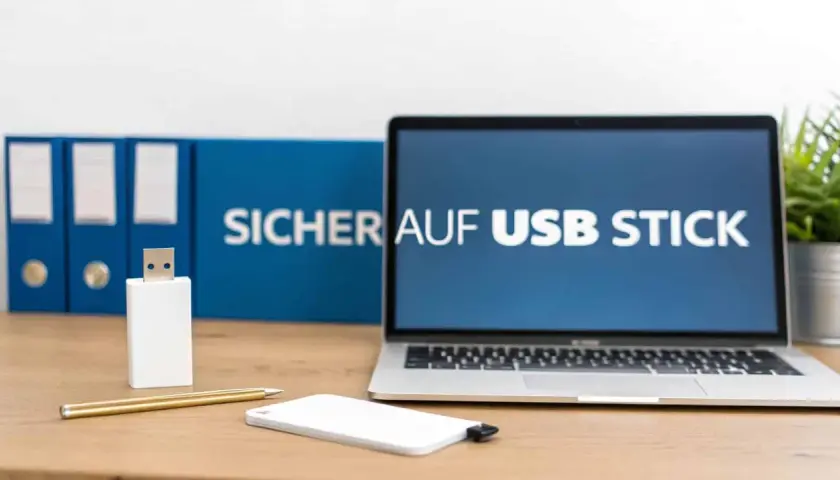 Laptop mit "Sicher auf USB Stick" auf dem Bildschirm. Ein weißer USB-Stick und eine externe Festplatte liegen auf dem Schreibtisch.