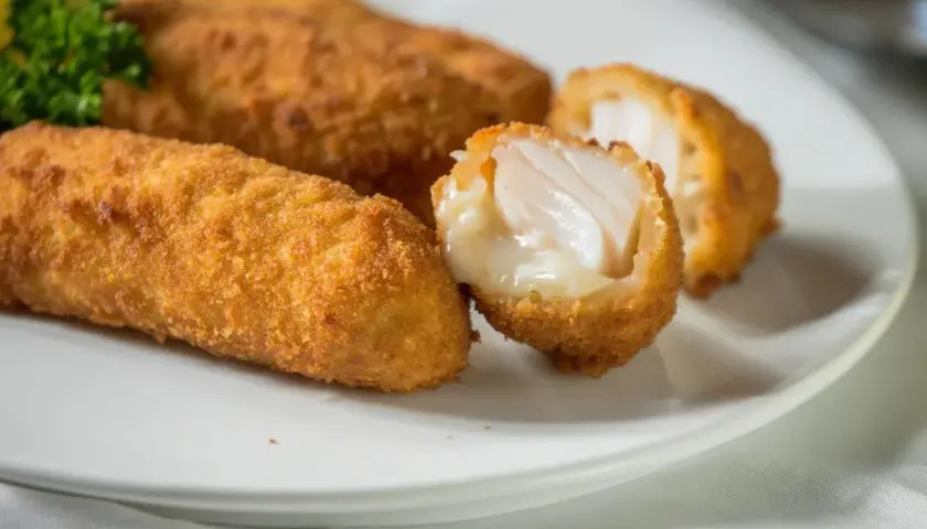 Croquetas de bacalao doradas y crujientes, una partida muestra su interior jugoso y blanco.