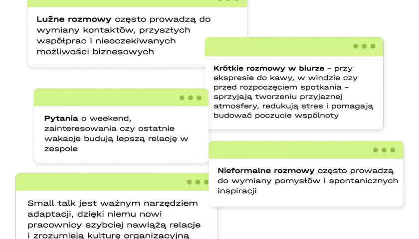 Luźne rozmowy, pytania o weekend i small talk to klucz do budowania relacji i efektywnego pisania z ludźmi w zespole.