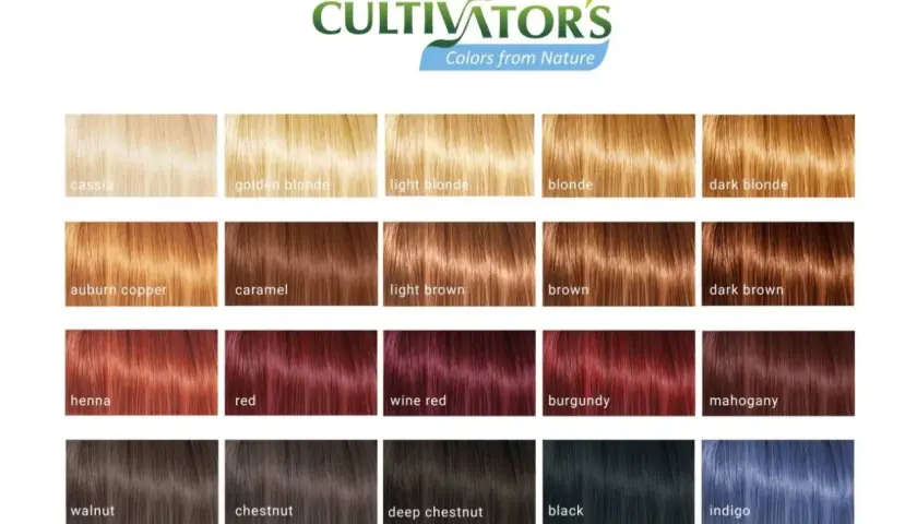 En palett av Cultivator's hårfärgsvarianter, från ljusaste kassia till djupaste indigo.
