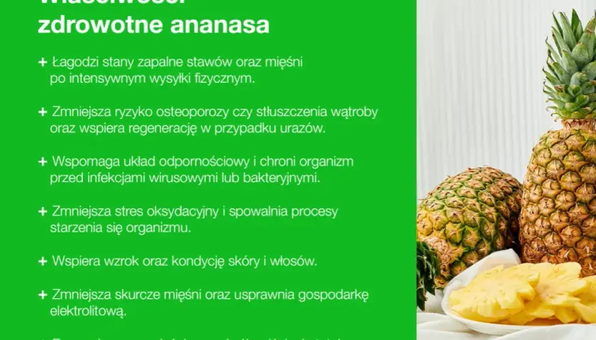 Ananas jest zdrowy! Lista jego właściwości: łagodzi stany zapalne, wspiera odporność, poprawia kondycję skóry i włosów, obniża ciśnienie.