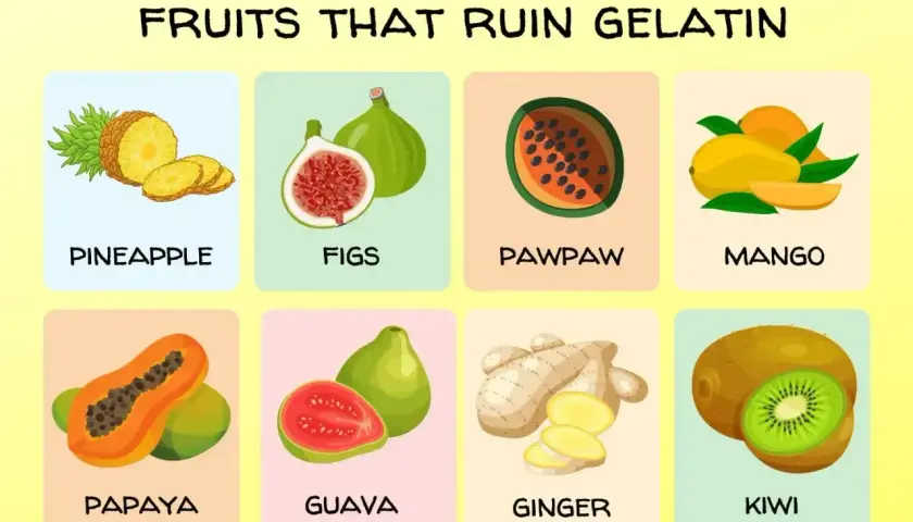 Owoce, których nie dodawać do galaretki: ananas, figi, papaja, mango, pawpaw, guawa, imbir, kiwi.