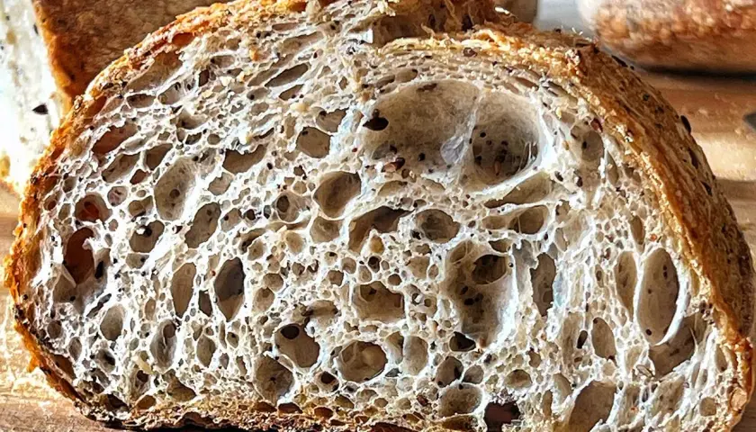 Fetta di pane con lievito madre, alveolatura perfetta e crosta dorata. Un capolavoro artigianale.