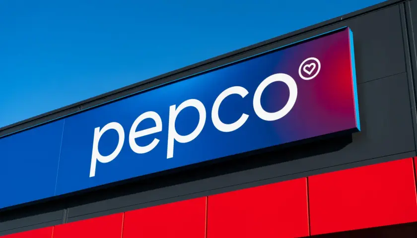 Logo Pepco na niebiesko-fioletowym tle z czerwonym pasem poniżej.