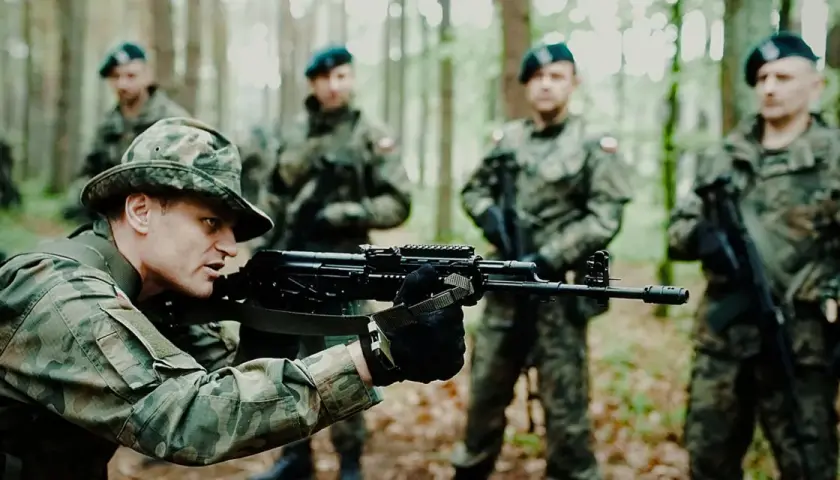 Żołnierze na szkoleniu podstawowym wojsko ćwiczą celowanie z karabinów w lesie.