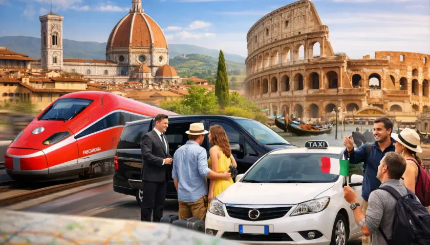 Tourists discuss their travel plans, with a high-speed train, Colosseum, and Florence's Duomo in the background. Should I rent a car in Rome?