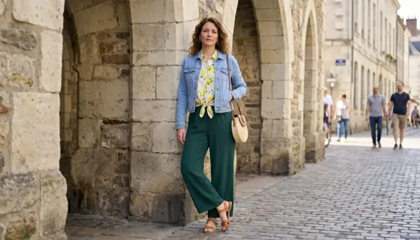 Une femme pose devant des arches en pierre. Elle porte une veste en jean, un chemisier à motifs, un pantalon vert et des sandales. Idéal pour savoir comment s'habiller quand il fait 12 degrés femme.