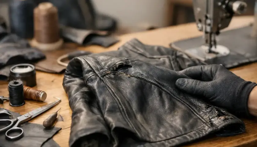 Main d'un artisan en gant noir tenant une veste en cuir abîmée, prête à être renover. Outils de couture et fils sur la table.