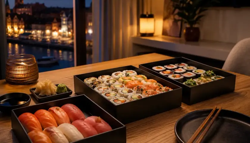 Eleganckie pudełka z najlepszym sushi w Gdańsku, serwowane przy blasku świecy, z widokiem na nocne miasto.