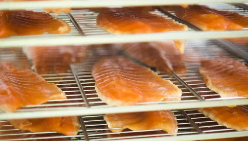 Filets de truite saumonée sur des grilles, prêts pour le temps de fumage. L'orange vif des poissons contraste avec les grilles métalliques.