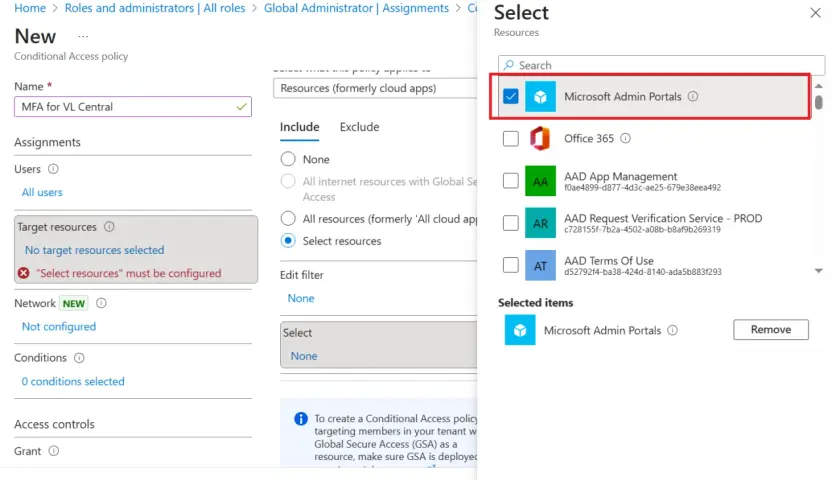 Configuration d'une stratégie d'accès conditionnel pour rendre le **Microsoft MFA obligatoire** pour les portails d'administration Microsoft.
